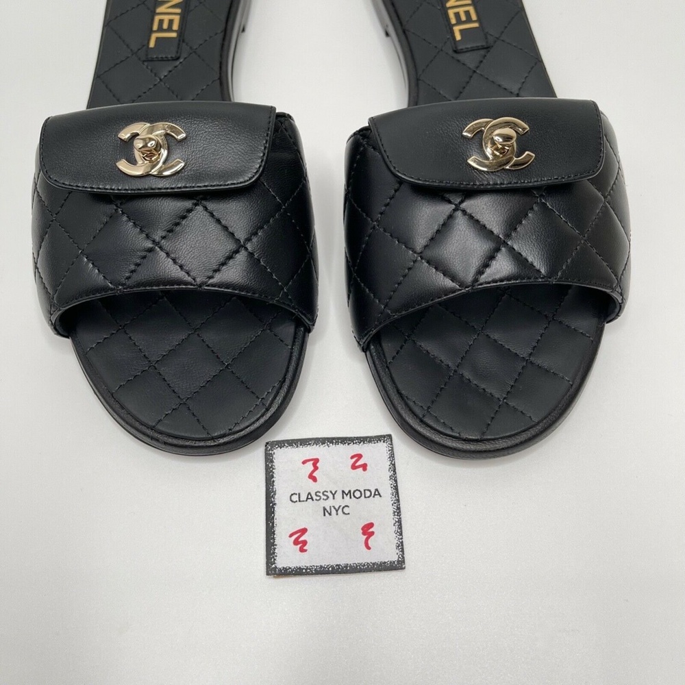 Chanel NIB Black Slides Turnlock Gold CC Logo Quilted Slide Flat Flop Sandals - Picture 10 of 12